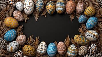 Colorful Easter eggs arranged with pine leaves create festive atmosphere photo