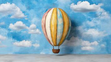 whimsical hot air balloon with colorful stripes floats in blue sky photo