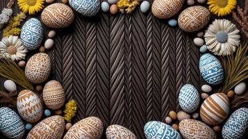 vistoso Pascua de Resurrección huevos arreglado con flores en texturizado antecedentes foto