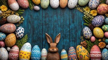 Colorful Easter eggs and bunny on wooden background create festive atmosphere photo