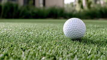 Close up of golf ball on green grass, ready for perfect shot photo