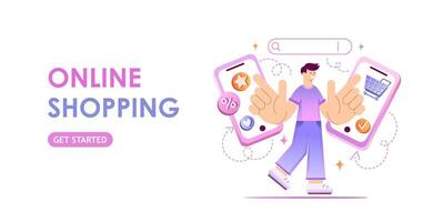 Online shopping concept. Man with smartphone. Web page, banner. Gradient illustration vector