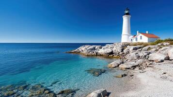 charming lighthouse stands on rocky shores by clear blue sea photo