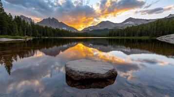 serene lake at sunset with vibrant colors reflecting on water photo