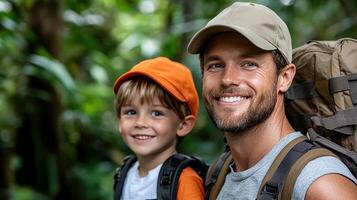 Exploring nature, father and son share smiles in wilderness photo