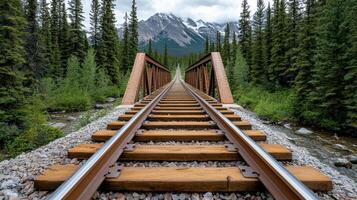 High resolution image of historic railway bridge surrounded by mountains photo