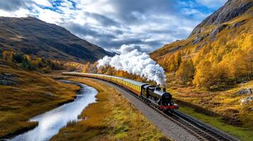 scenic train journey through mountains and autumn foliage, showcasing nature beauty photo