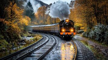 historic train journey through vibrant autumn scenery, showcasing nature beauty photo
