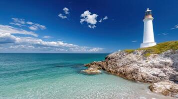 High resolution image of lighthouse on rugged coast with clear water photo