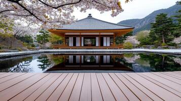 serene temple surrounded by cherry blossoms and tranquil pond photo