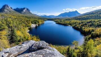 Breathtaking scenic overlook of tranquil lake surrounded by mountains and forests photo