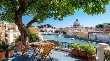 beautiful view of city with river, trees, and historic architecture photo