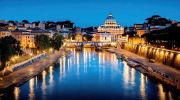 stunning view of illuminated Vatican City at dusk, reflecting on river photo