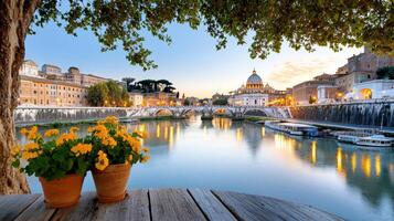 beautiful view of Tiber River with flowers and historic buildings photo