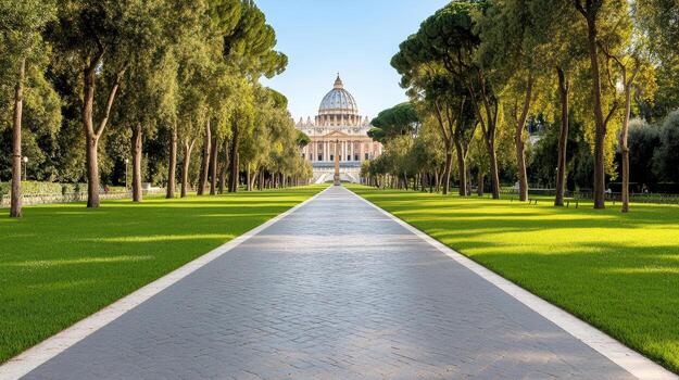 scenic view of Vatican with lush greenery and clear pathway photo