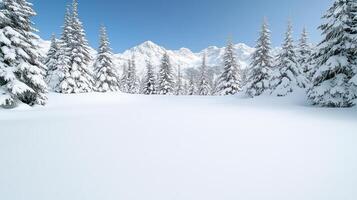 serene winter landscape with snow covered trees and mountains photo