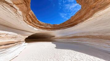Stunning rock formation with layered textures and blue sky photo