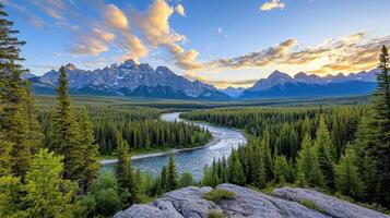 Breathtaking view of Canadian mountains and river at sunset photo