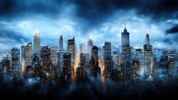 Stunning city skyline at night with dramatic clouds and lights photo