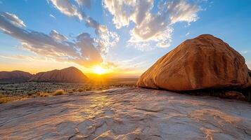 Stunning sunset over Uluru with dramatic clouds and rocky landscape photo