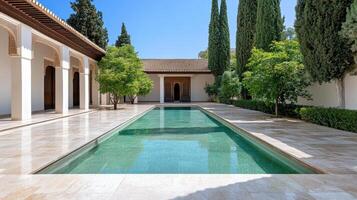Tranquil garden with serene pool surrounded by lush greenery and architecture photo