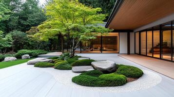 serene garden featuring lush greenery, rocks, and modern design photo