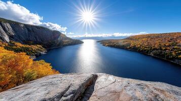 Breathtaking autumn landscape with vibrant colors and serene lake view photo