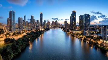 stunning city skyline at night with vibrant lights reflecting on water photo