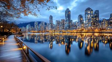 vibrant city skyline reflecting on water at dusk, showcasing modern architecture photo