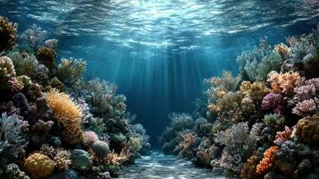 vibrant coral reef teeming with colorful marine life and sunlight photo