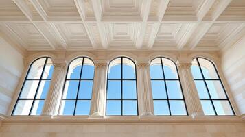 Elegant architecture featuring large windows and classical columns photo