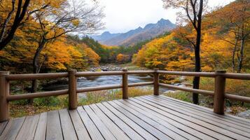serene view of autumn foliage by river, showcasing vibrant colors photo
