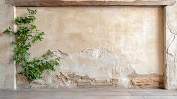 textured wall with peeling paint and green vines growing photo