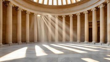 Majestic dome interior with sunlight streaming through columns photo