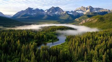 Breathtaking Rocky Mountains landscape with lush forests and serene river photo