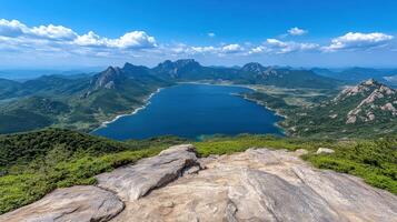 Breathtaking mountain views overlooking serene blue lake and lush greenery photo