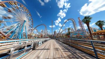 vibrant amusement park with thrilling rides and sunny sky photo