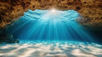vibrant underwater cave with shimmering light and sandy floor photo