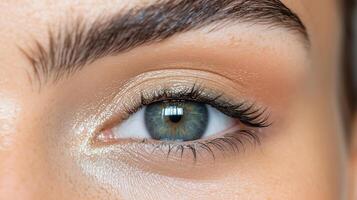 Close up of model eye showcasing expertly applied makeup and lashes photo