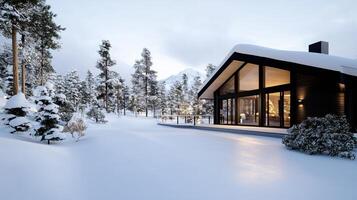 Cozy cabin in snowy landscape surrounded by tall trees and mountains photo