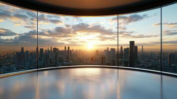 stunning futuristic city skyline at sunset, viewed from modern interior photo