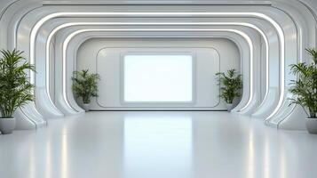 Futuristic laboratory with glowing elements and plants in sleek design photo