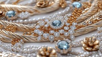 Intricate gold jewelry design with sparkling gemstones and pearls photo