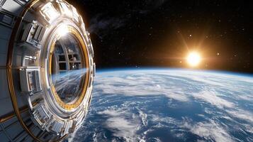 stunning view of space station orbiting Earth, with bright sun rising photo