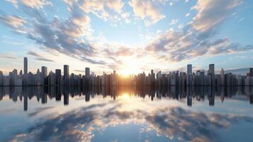 Vibrant city skyline at sunset with reflections on water surface photo