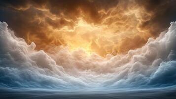 Majestic clouds with golden sunlight create surreal dreamscape photo