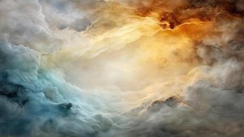 Majestic clouds in vibrant hues of orange, blue, and gold create surreal atmosphere photo