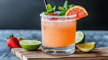 Refreshing cocktail with mint, strawberries, and citrus garnishes photo