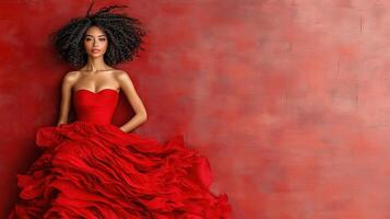 woman in flowing red gown poses against vibrant red background photo