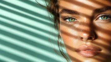 close up portrait of woman with striking green eyes and shadows photo